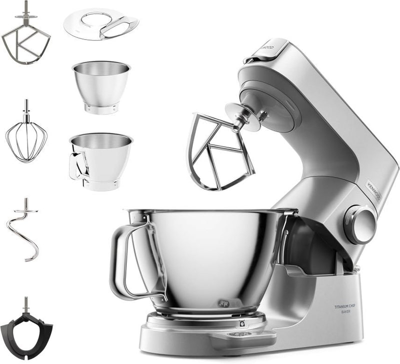 Kenwood Titanium Chef Baker KVL85.424SI Robot pâtissier avec balance intégrée – Kit pâtisserie 4 pièces, bols 7 L et 5 L, vitesse variable, 1200 W, argent