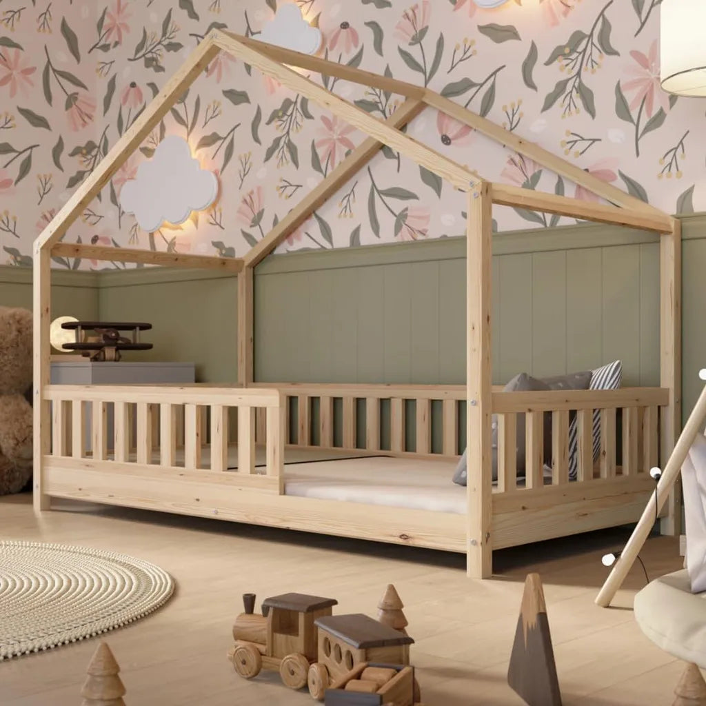 Crazy Pine Lit cabane avec tiroirs 200 × 90 cm – Lit enfant en bois naturel avec barrière anti-chute