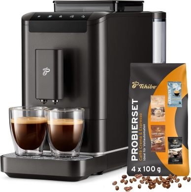 Tchibo Esperto2 Caffè Machine à café automatique avec fonction 2 tasses pour Caffè Crema et espresso, Granite Black – Coffret découverte café offert 1