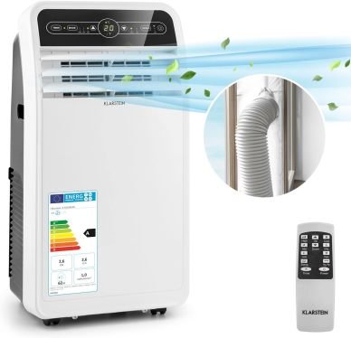 Klarstein Climatiseur mobile avec tuyau d’évacuation 4-en-1 – Ventilateur, déshumidificateur, mode nuit, contrôle par application, 12 000 BTU, pour maison et bureau