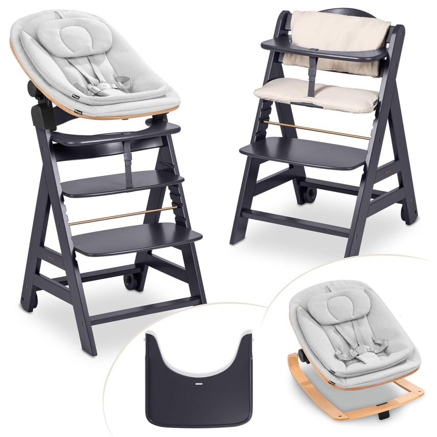 Hauck Beta+ Newborn Set Eco Bouncer Chaise haute évolutive en bois dès la naissance, avec transat nouveau-né, coussin et tablette, gris foncé