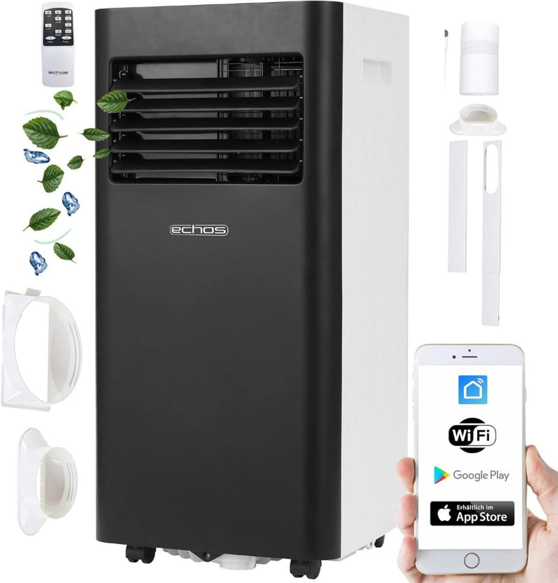 Echos Climatiseur mobile 3-en-1 Wi-Fi – Kit fenêtre, tuyau d’évacuation, minuterie 24 h, télécommande, 9000 BTU, 3 modes