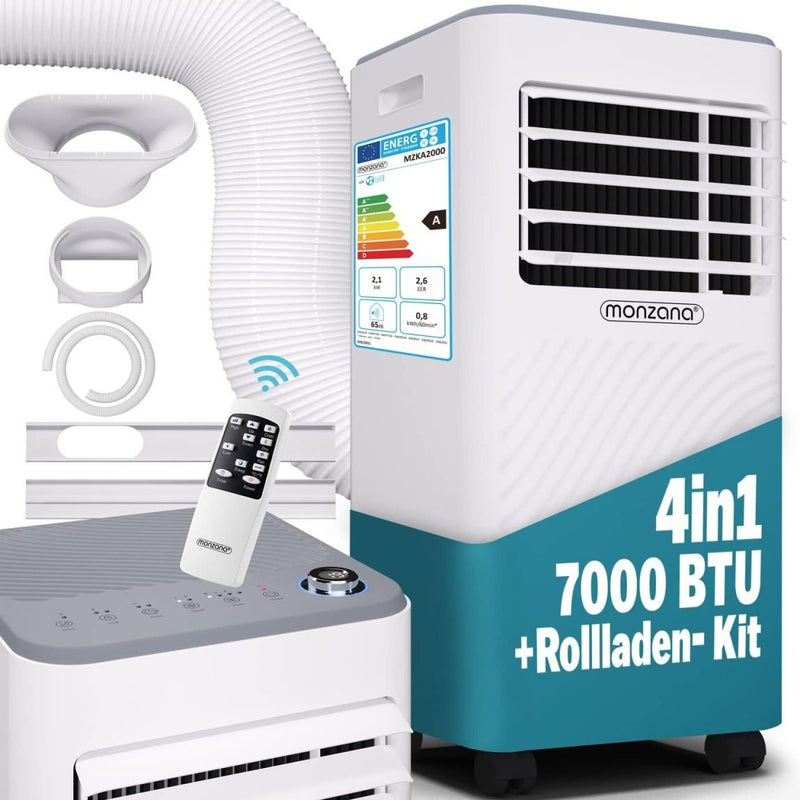 Monzana MZKA2000 Climatiseur mobile 7000 BTU 3-en-1, 750 W – Tuyau d’évacuation, minuterie 24 h, jusqu’à 25 m², télécommande, déshumidificateur, kit volet 1