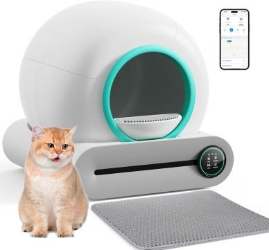 Litière autonettoyante pour chat avec tapis et sacs, capacité 65 L + 9 L, contrôle via application