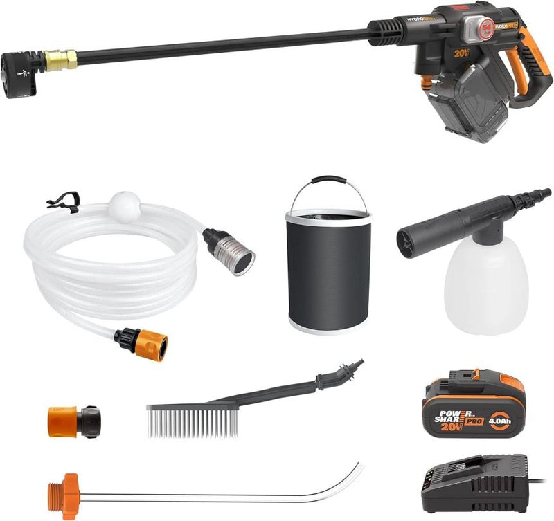 WORX Nitro Hydroshot WG633E.1 Nettoyeur haute pression sans fil 18 V/20 V MAX – Jusqu’à 56 bar, 220 L/h, accessoires, batterie 4,0 Ah et chargeur, orange/noir