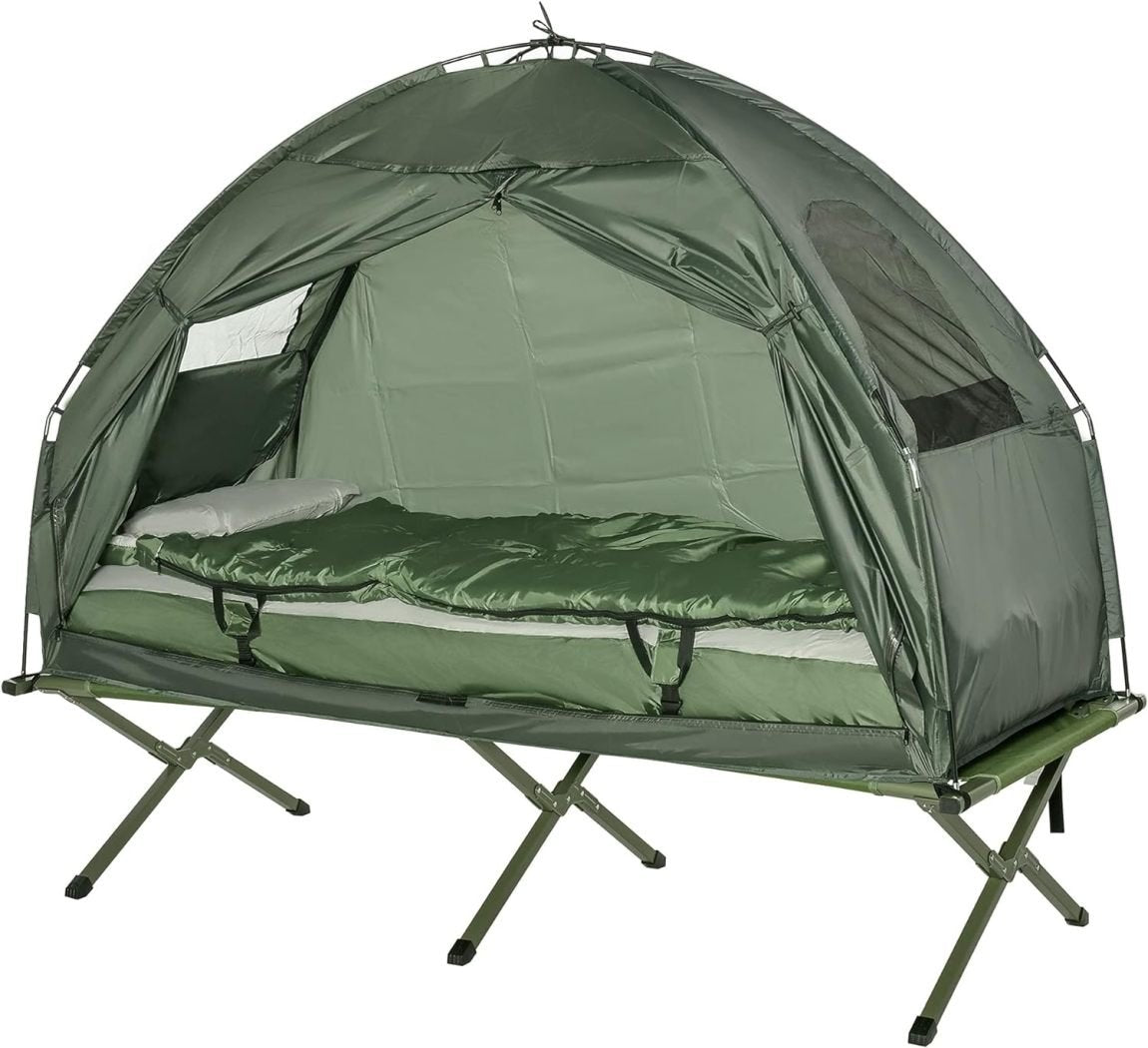 Outsunny Lit de camp 4-en-1 – Ensemble camping avec tente, sac de couchage et matelas pliable, vert foncé