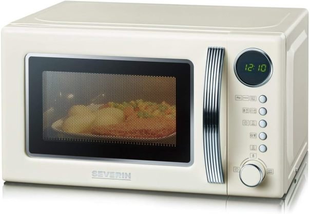 SEVERIN MW 7892 Micro-ondes rétro 2-en-1 avec grill – 5 puissances, 8 programmes auto, env. 700 W, crème/chrome