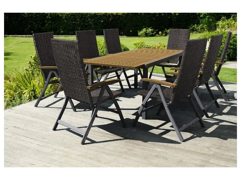 Salon de jardin tressé Valencia 9 pièces – Table extensible et 8 fauteuils pliants, marron