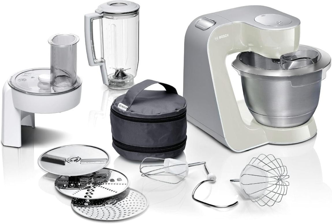 Bosch Série 4 MUM58720 Robot pâtissier – Bol inox 3,9 L, blender 1,25 L, mouvement planétaire, crochet, fouet, râpe 3 disques, 1000 W, rouge foncé/argent