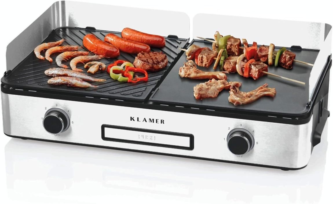 KLAMER Barbecue électrique – Plaques duo antiadhésives amovibles, températures séparées, 5 niveaux, pare-vent/anti-éclaboussures et bac récupérateur