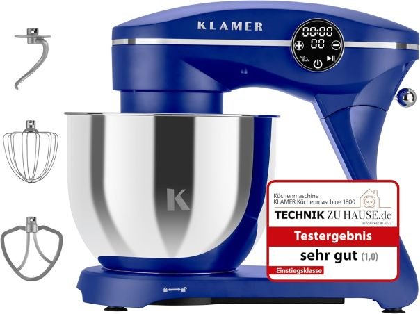 KLAMER Robot pâtissier 1800 W avec bol inox 6 L, 10 vitesses et minuterie, batteur, crochet pétrisseur, fouet et couvercle anti-éclaboussures