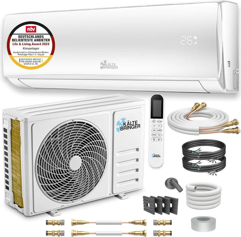 Kältebringer Climatiseur split Quick Connect 12 000 BTU (3,4 kW) avec chauffage – Wi-Fi/app, jusqu’à 91 m², très silencieux, 5 m de cuivre, R32, matériel et support mural inclus