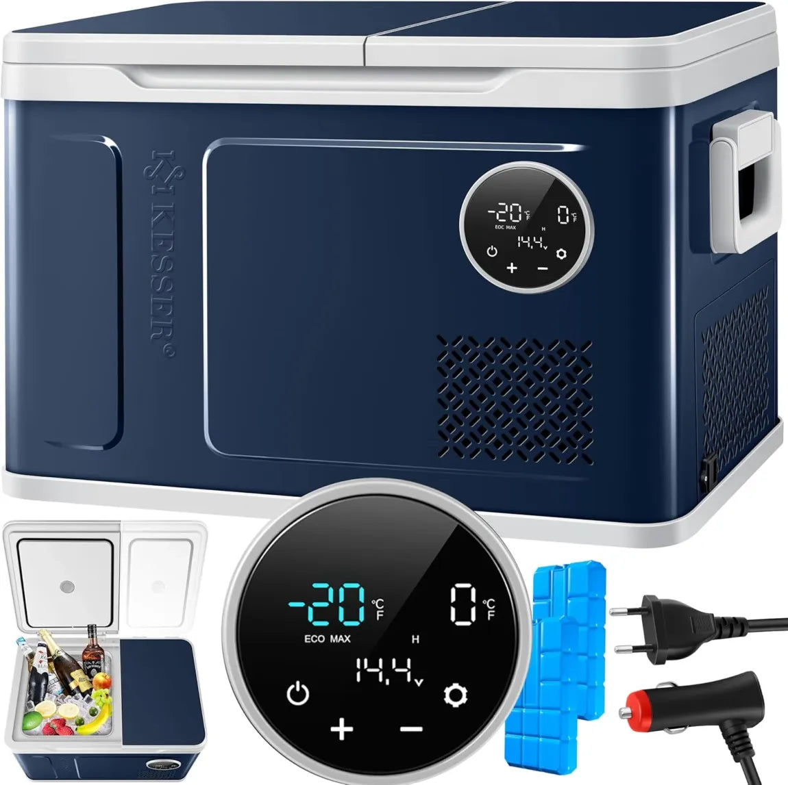 KESSER® Glacière à compresseur 2-en-1 double zone réfrigération/congélation – 2 accumulateurs, commandes tactiles LED, jusqu’à -20 °C, 12/24 V et 230 V