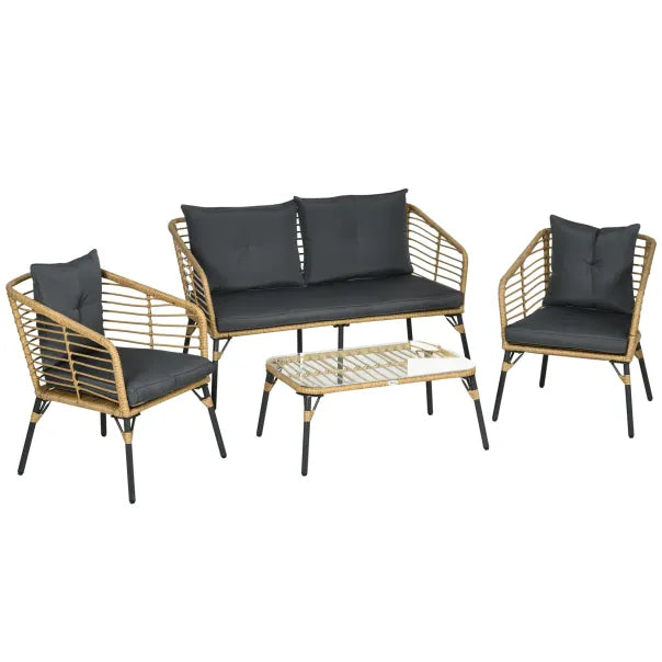 Outsunny Salon de jardin 4 pièces en résine tressée style bohème – Table basse en verre