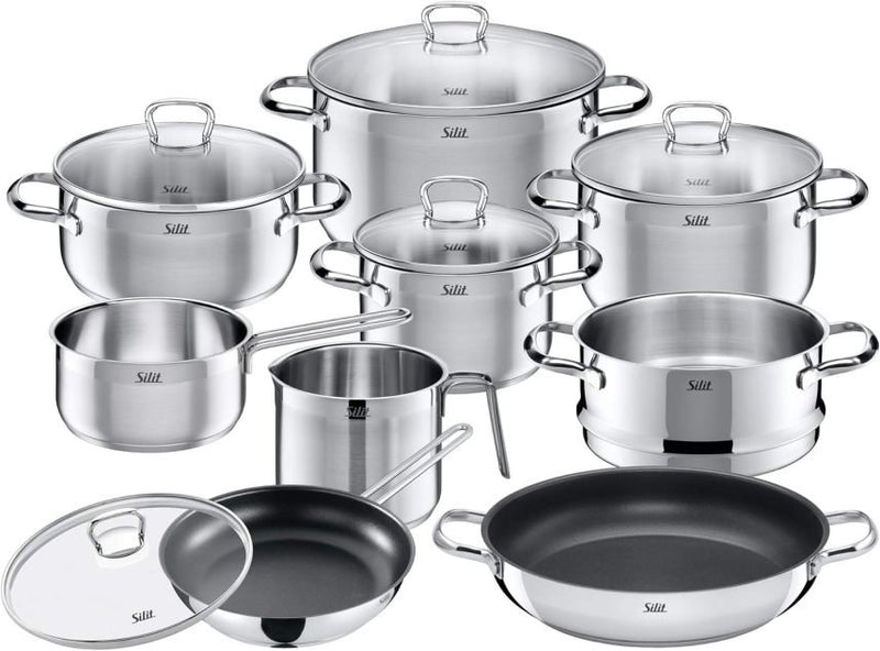 Silit Toskana Batterie de cuisine induction 10 pièces – Casseroles avec couvercles en verre, casserole à lait, cuit-vapeur et poêle, inox satiné non revêtu