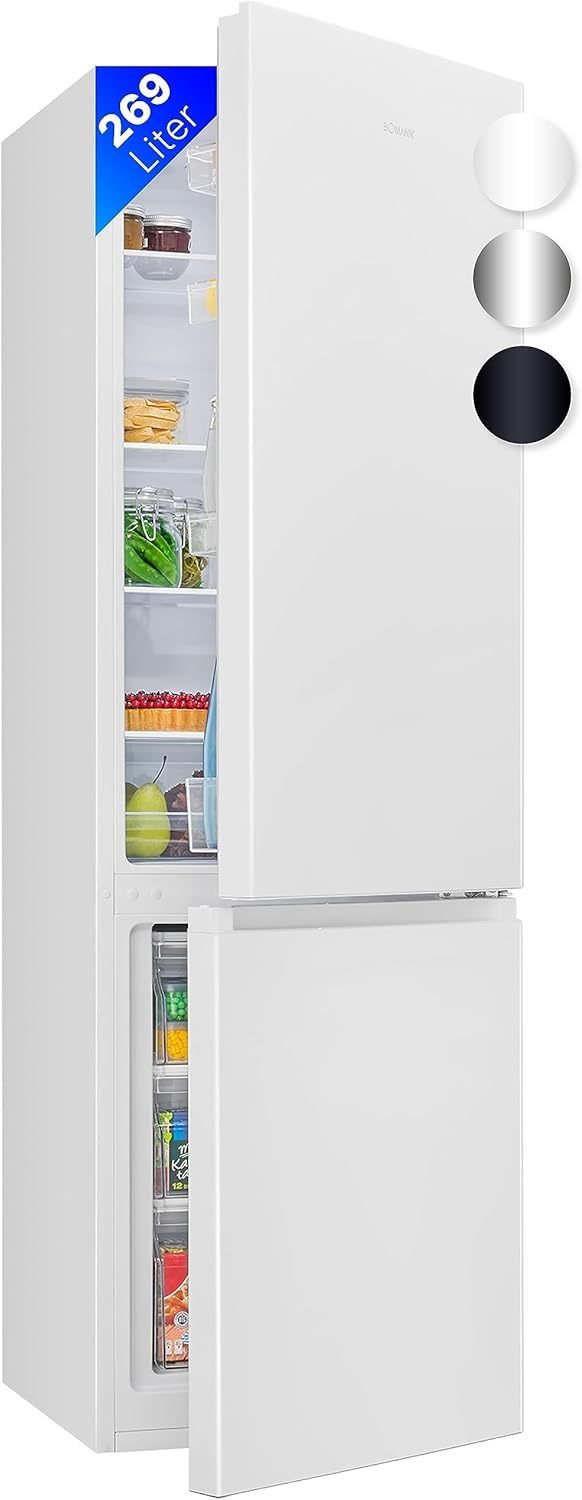 Bomann® Réfrigérateur-congélateur 269 L – 198 L froid + 71 L congélation, 39 dB, LED, porte réversible, 180 × 55 × 55,8 cm, KG 184.1 blanc