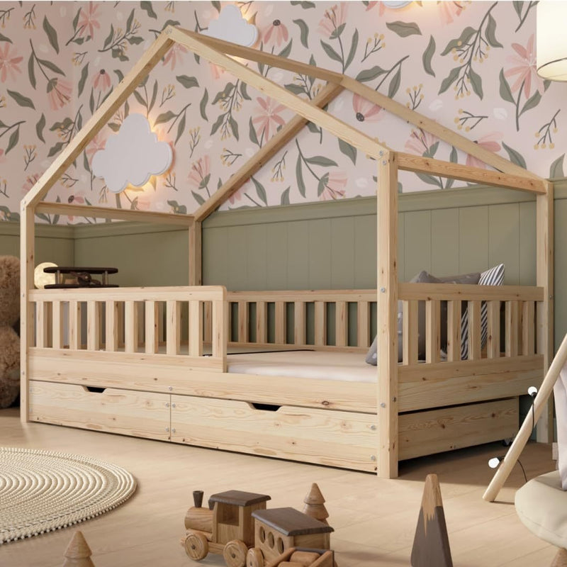 Crazy Pine Lit cabane avec tiroirs 200 × 90 cm – Bois naturel, barrière anti-chute amovible, lit Montessori au sol avec rangement, Crazy House 1
