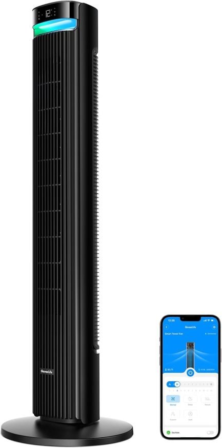 GoveeLife Ventilateur tour silencieux 27 dB – 12 vitesses jusqu’à 8 m/s, 5 modes, minuterie 24 h, oscillation 150°, contrôle application et voix, noir