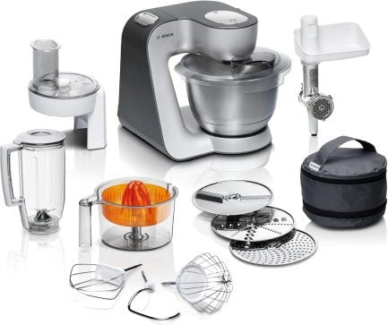 Bosch Série 4 MUM56340 Robot pâtissier – Bol 3,9 L, blender 1,25 L, hachoir, presse-agrumes, mouvement planétaire, accessoires pâtisserie et râpe, 900 W, argent/gris