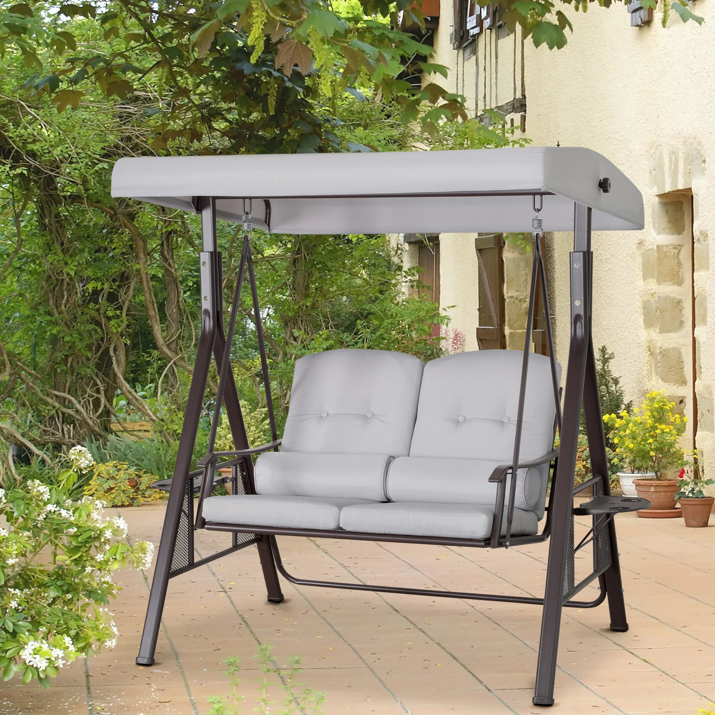 Outsunny Balancelle de jardin 3 places – Toit réglable, coussins et structure robuste