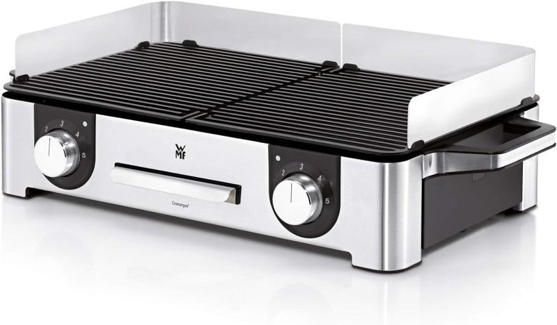 WMF Lono Master-Grill Barbecue électrique 50 × 28 cm – Grill de table avec pare-vent et bac récupérateur, certifié extérieur, 2 zones réglables séparément, 2400 W, inox mat