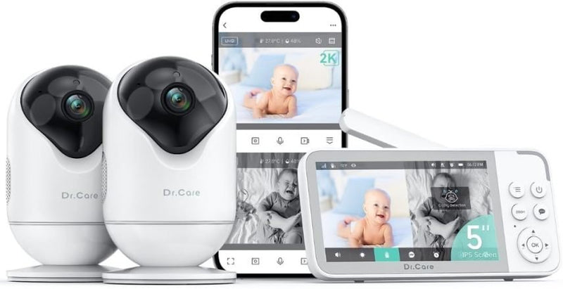 Dr.Care VistaView Babyphone Wi-Fi intelligent avec 2 caméras – Écran 5″ 1080p, caméra 2K, application, alertes mouvement/pleurs, vision nocturne, batterie 5000 mAh, audio bidirectionnel, portée 390 m