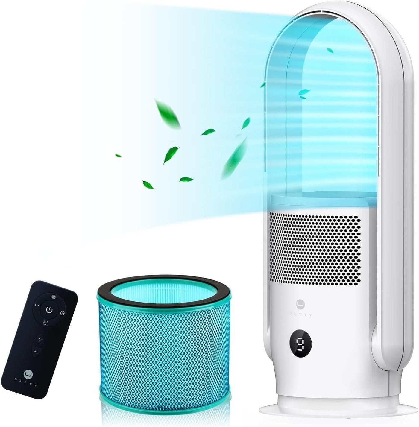Ventilateur sans pales Ultty avec purificateur d’air – Ventilateur tour silencieux, télécommande, commandes tactiles, minuterie 8 h, filtre HEPA 99,97 %, hauteur 80 cm, oscillation 90°