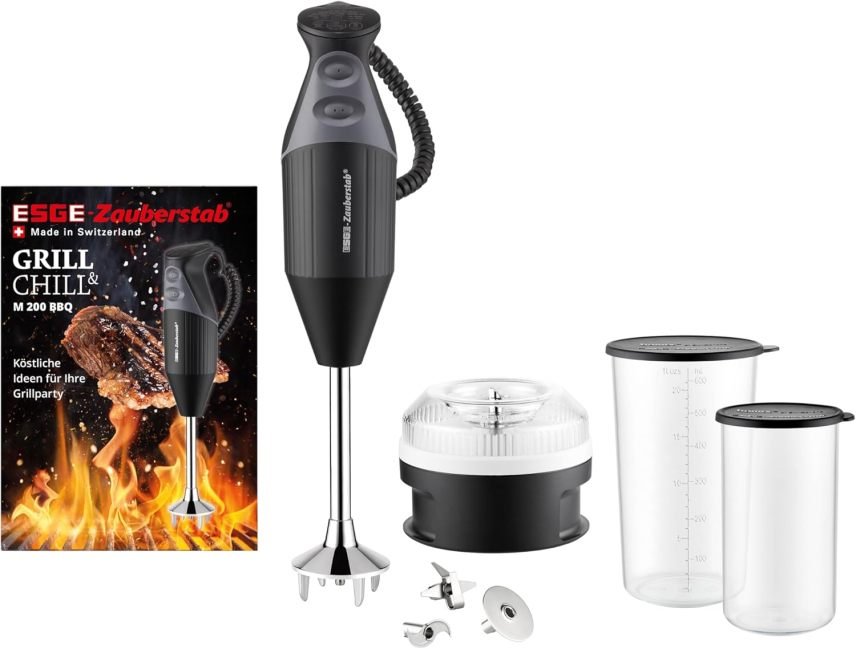 ESGE Zauberstab M 200 BBQ 98215 Mixeur plongeant professionnel – Jusqu’à 17 000 tr/min, 200 W, accessoires inclus, poignée ergonomique, moteur AC, noir