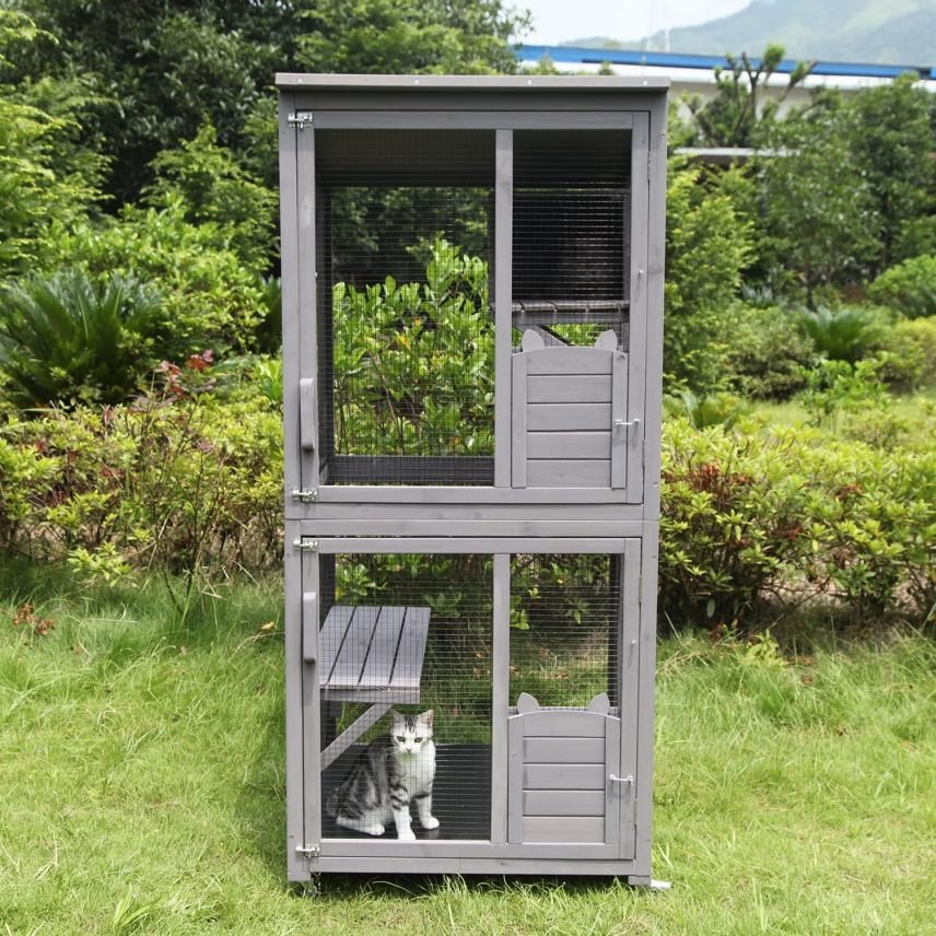 Catio / maison pour chats – Grand enclos en bois intérieur/extérieur avec très grande porte, plateformes et petite maison
