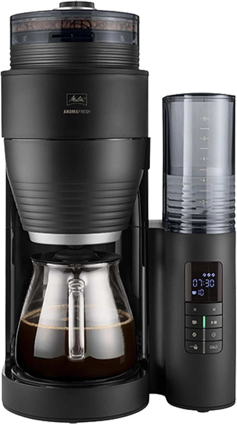 Melitta AromaFresh X Cafetière filtre avec broyeur – Verseuse en verre, anti-goutte, jusqu’à 10 tasses, noir/argent
