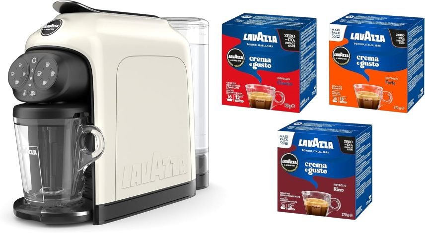 Lavazza A Modo Mio Deséa White Cream Machine à café – Avec 88 capsules assorties, 1500 W, réservoir 1,1 L, bac jusqu’à 10 capsules 1