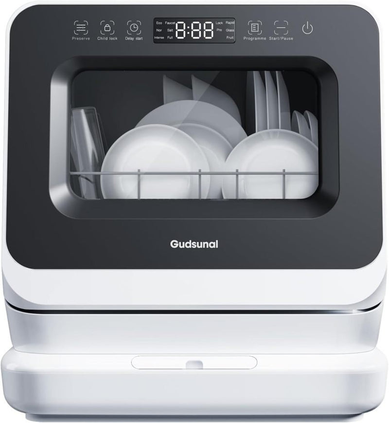 Gudsunal Mini lave-vaisselle de comptoir avec réservoir 7 L, sans raccordement d’eau, 6 programmes, hygiène haute température 72 °C, séchage hybride