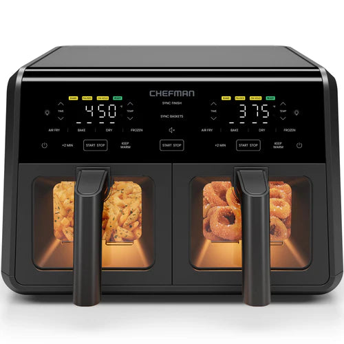 Chefman TurboFry Dual Basket Airfryer 9 qt avec fenêtres – Friteuse sans huile à 2 compartiments, grande capacité, noire