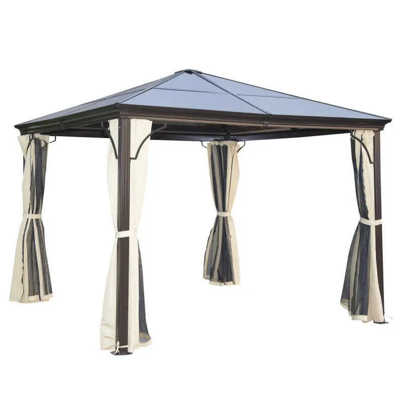 Outsunny Tonnelle de jardin Hardtop – Toit polycarbonate, moustiquaire, structure aluminium 1