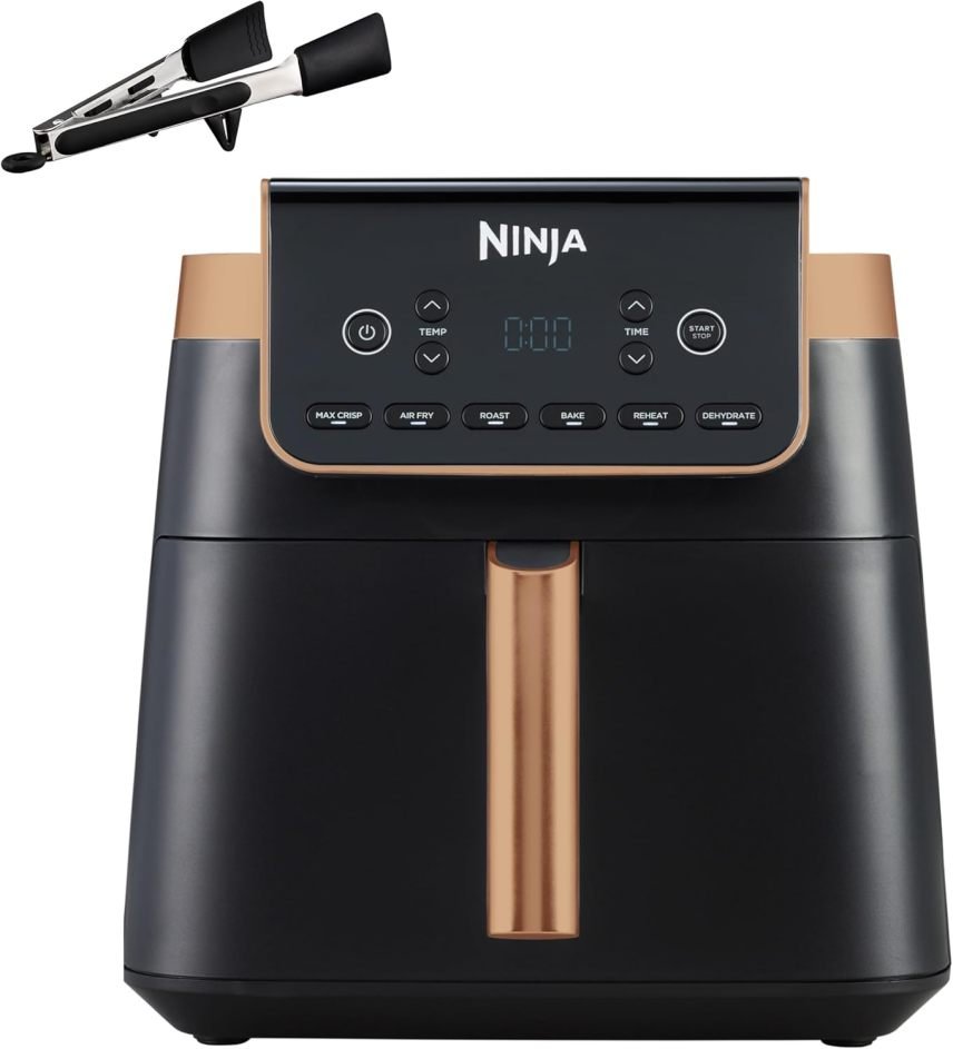 Ninja MAX PRO Airfryer AF180EUCP 6,2 L – Sans huile, grand tiroir, rôtissage, cuisson, Air Fry, antiadhésif, panier et grille Crisper lave-vaisselle, pince silicone, noir/cuivre