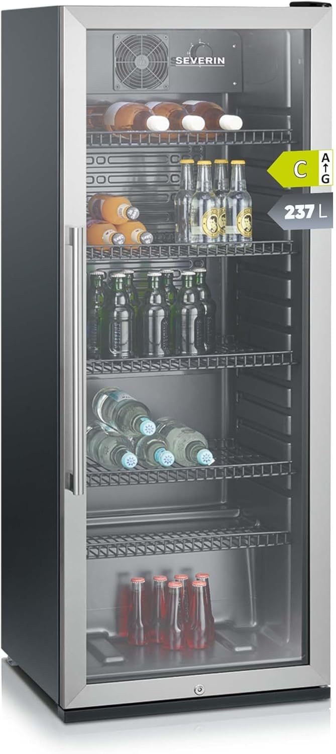 SEVERIN FSK 8840 Réfrigérateur à bouteilles 118 L – Serrure et éclairage LED intégrés, noir/argent