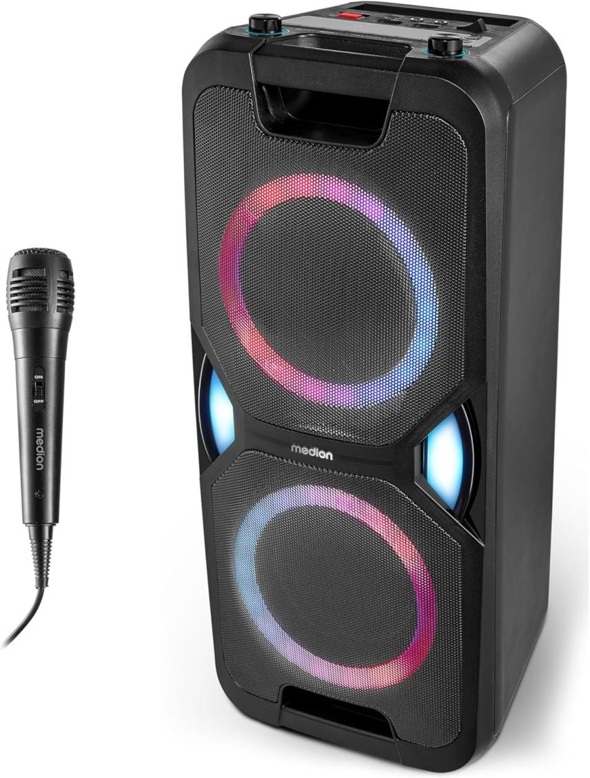 MEDION P61468 Système audio de fête – Micro inclus, karaoké, batterie, radio FM, Bluetooth 5.0, 2 × 220 W, LED couleur