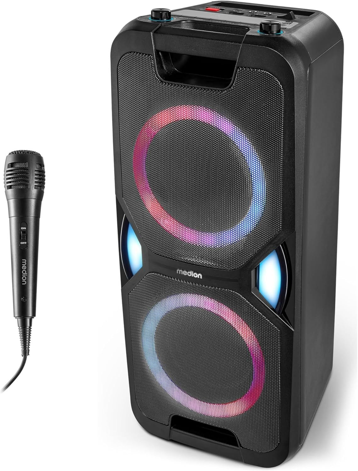 MEDION P61468 Système audio de fête – Micro inclus, karaoké, batterie, radio FM, Bluetooth 5.0, 2 × 220 W, LED couleur, USB, AUX, 2 entrées micro