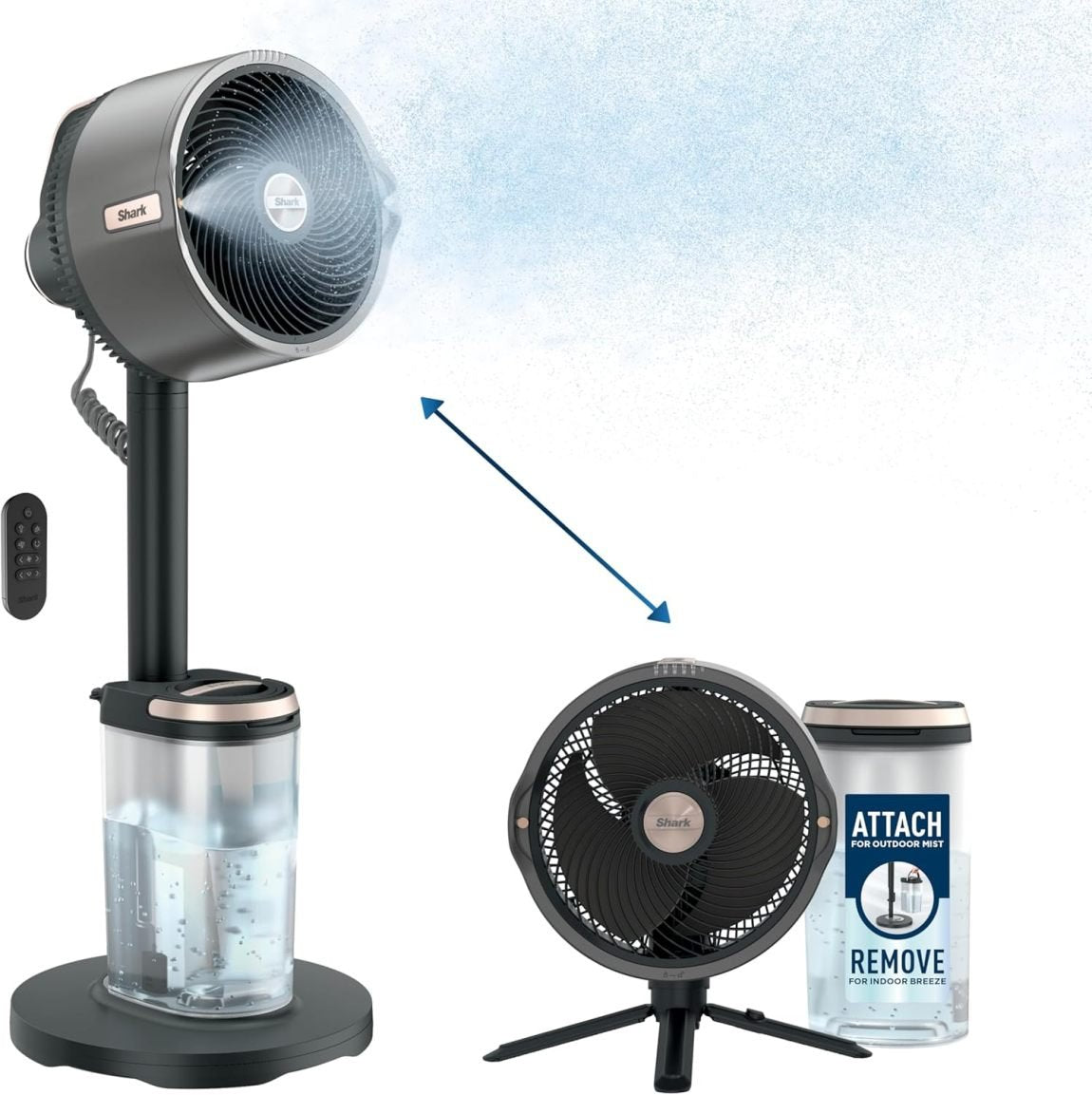 Shark FlexBreeze Pro Ventilateur brumisateur – Intérieur/extérieur, brumisation intégrée, socle convertible en modèle de table, filaire ou sans fil, jusqu’à 24 h, oscillant, anthracite, FA302 édition 2025
