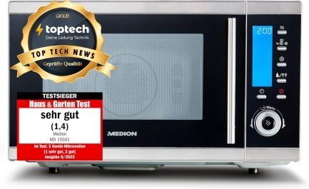 MEDION MD 15501 Micro-ondes 4-en-1 avec grill – 25 L, micro-ondes 900 W, grill 1100 W, chaleur tournante 2500 W, 10 programmes auto, argent