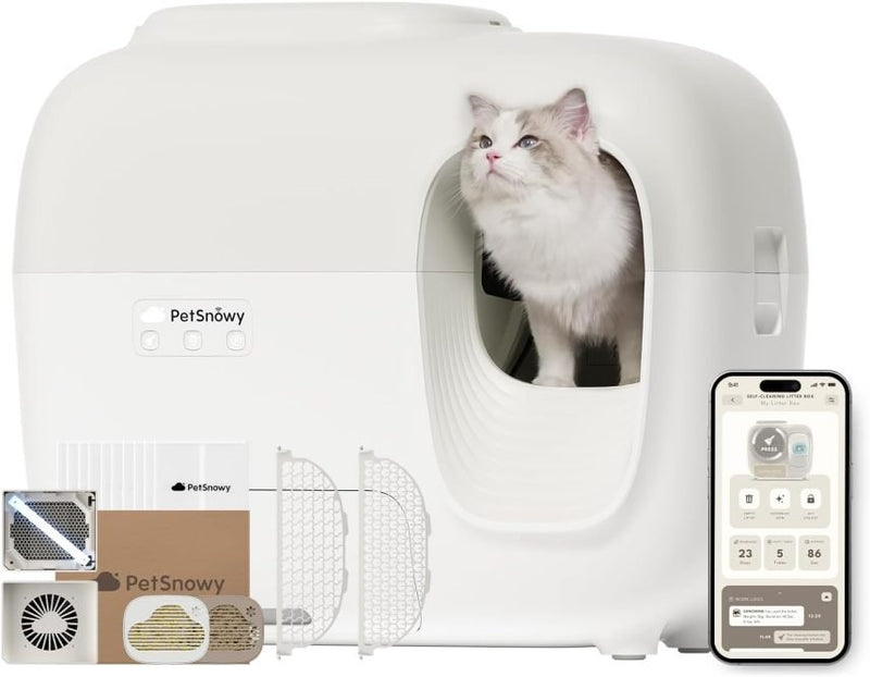 PetSnowy Litière autonettoyante pour chat avec contrôle des odeurs TiO2, application, emballage automatique, pour grands chats et foyers multi-chats 1,5-9 kg, capacité max. 83 L, édition Premium 2025 1