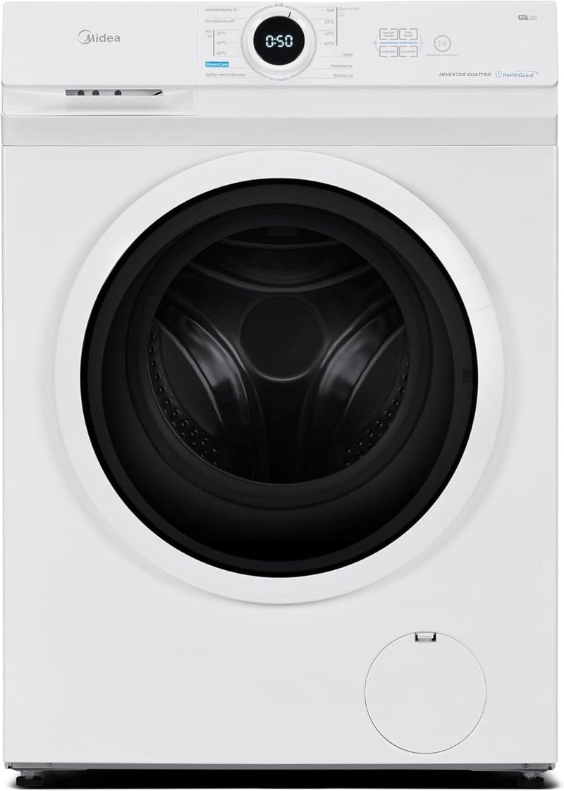 Midea MF10EW80B Lave-linge 8 kg, 1400 tr/min, classe A – Moteur Inverter Quattro, vapeur, grande cuve, design slim, ajout de linge, sécurité enfant, AquaStop, blanc