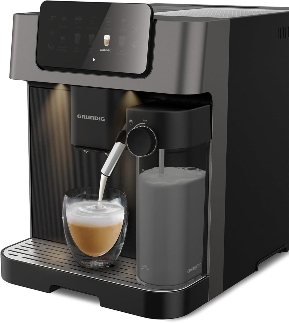 GRUNDIG KVA 7230 Machine à café automatique – 10 spécialités, 13 niveaux de mouture, réservoir à lait, 1350 W, pompe 19 bar, double buse, éclairage, noir/argent foncé