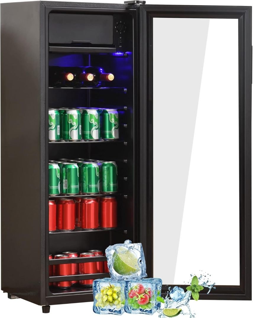 Merax Réfrigérateur 128 L pose libre – 120 L réfrigérateur + 8 L congélateur, éclairage LED intérieur, clayettes réglables