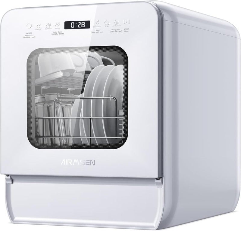 AIRMSEN Mini lave-vaisselle de comptoir avec réservoir d’eau et liquide de rinçage, 9 programmes, 37 × 50 cm, format ultra-étroit, minuterie 1-24 h, lavage 360°