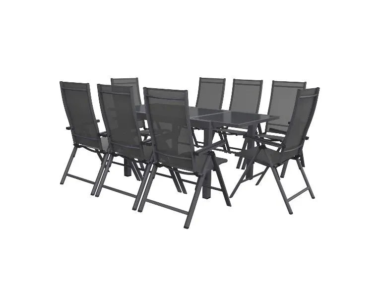 Salon de jardin aluminium Houston 9 pièces – Table extensible et 8 fauteuils dossier haut, gris