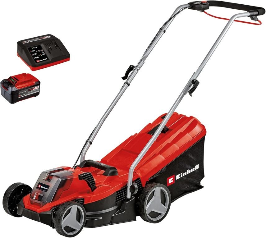 Einhell GE-CM 18/33 Li Kit Power X-Change Tondeuse sans fil 18 V – Largeur de coupe 33 cm, jusqu’à 200 m², moteur sans balais, bac 30 L, hauteur 25-65 mm