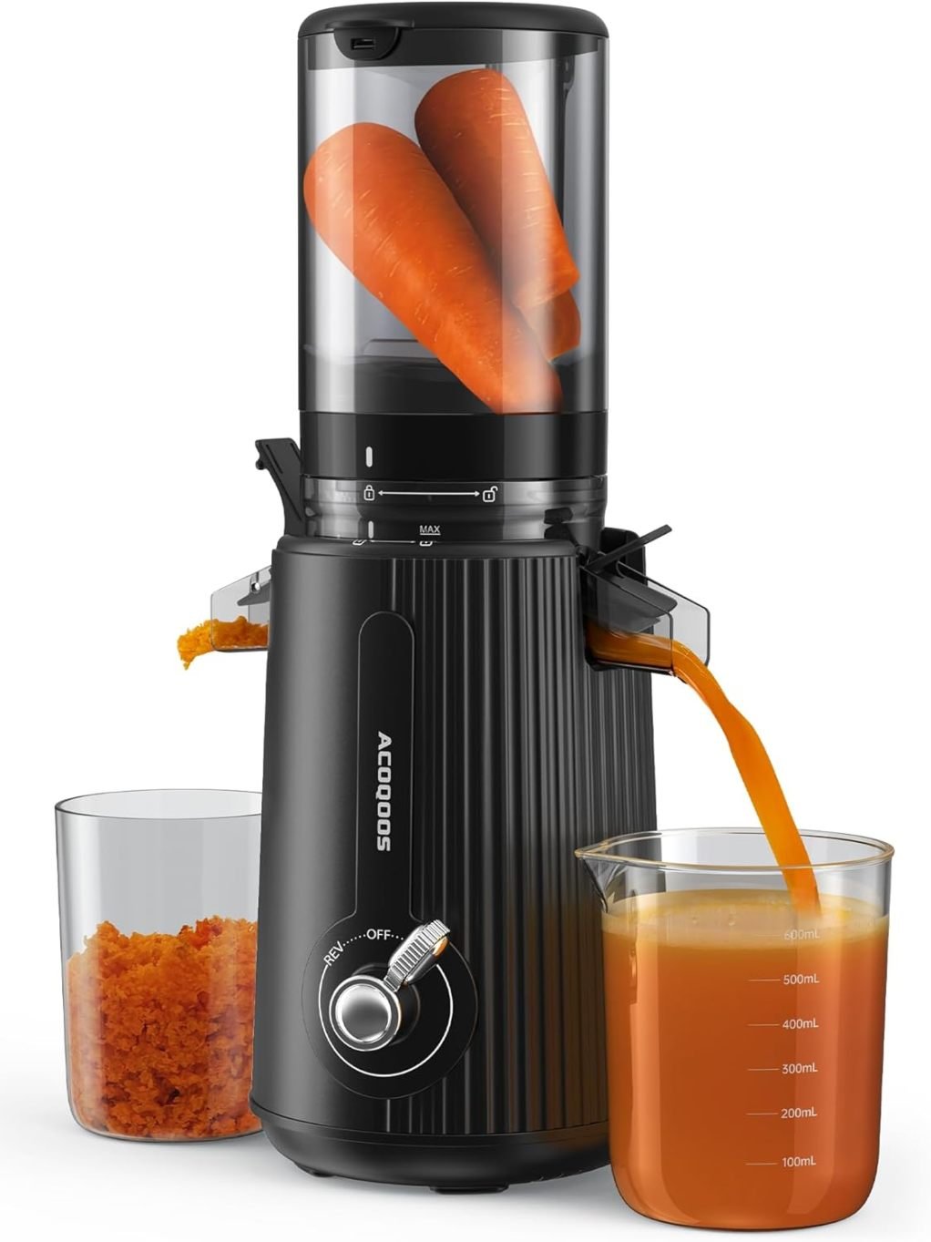ACOQOOS Extracteur de jus lent pour fruits et légumes, grande ouverture 110 mm, facile à nettoyer, 2 récipients, noir 1