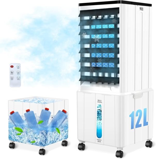 Rafraîchisseur d’air sans gaine 12 L 60 W – Minuterie 12 h, 3 modes, 40 dB, oscillation 120°, réservoir amovible, télécommande, silencieux