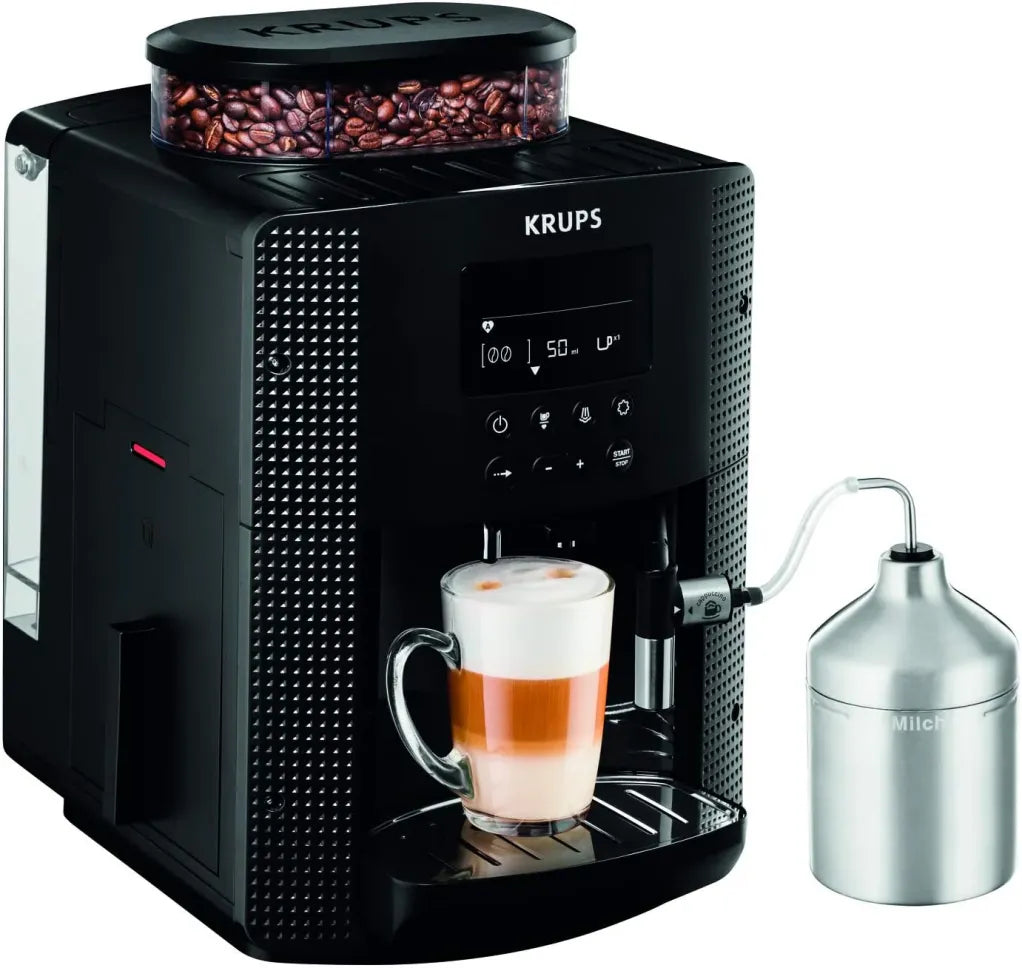 Krups Essential EA816031 Machine à café automatique – Tuyau lait, fonction 2 tasses, écran LCD, nettoyage facile, certifiée TÜV, noir